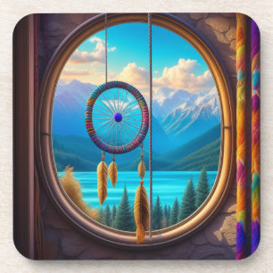 Dreamcatcher in Window Overlooking the Mountains  Coaster