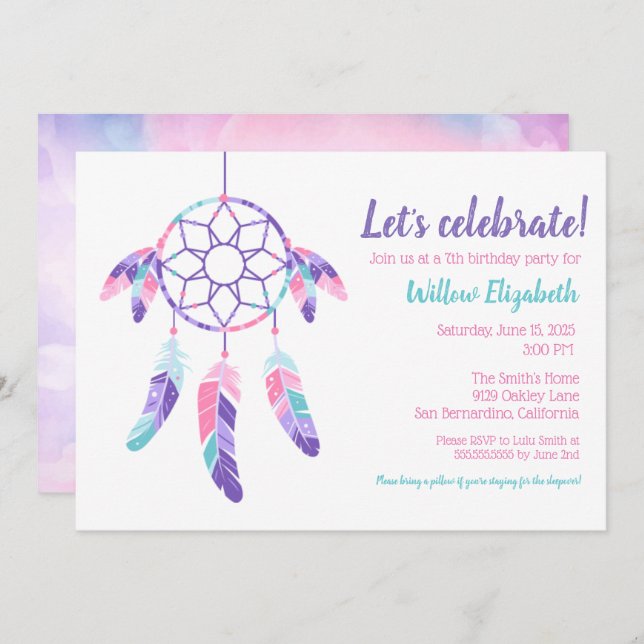 Dreamcatcher pink purple teal kids birthday party invitation (Front/Back)