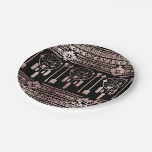 Dreamcatcher Rose Gold Tribal Aztec on Black Paper Plate