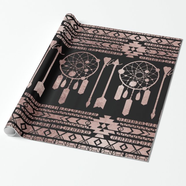 Dreamcatcher Rose Gold Tribal Aztec on Black Wrapping Paper (Unrolled)