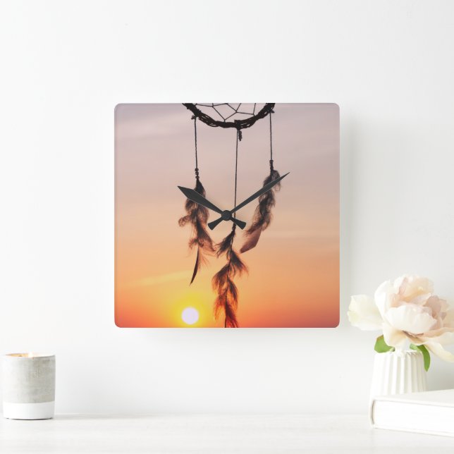 Dreamcatcher, Sunset, Yoga, Indian Amulet, Orange, Square Wall Clock (Home)