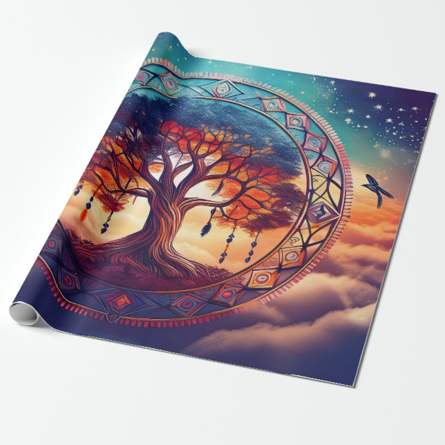 Dreamcatcher Tree of Life, Spiritual Explosion Wrapping Paper (Unrolled)