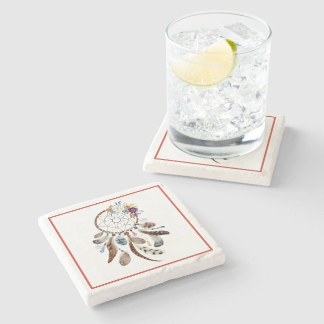 Dreamcatcher tribal feathers & flowers stone coaster (Side)