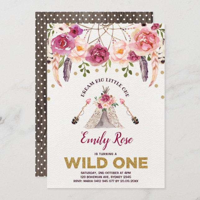 Dreamcatcher WILD ONE Boho Floral Birthday Party Invitation (Front/Back)