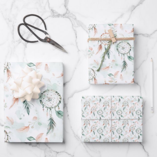 Dreamcatchers and Feathers Pastel Wrapping Paper Sheet (Front)