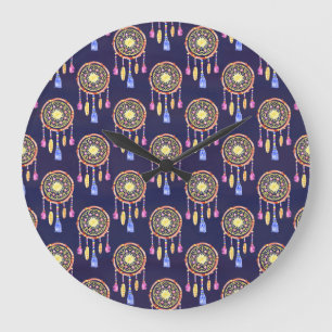 Dreamcatchers Feathers Watercolor Seamless Texture Large Clock