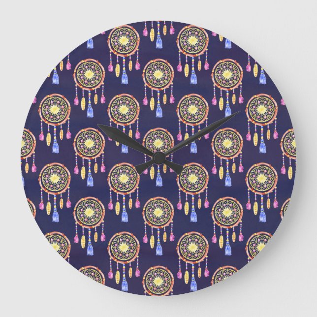 Dreamcatchers Feathers Watercolor Seamless Texture Large Clock (Front)