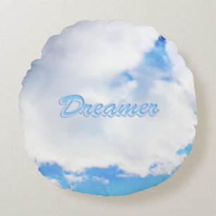 Dreamer Puffy White Clouds and Blue Sky Round Cushion