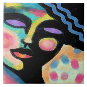 Dreaming Abstract Digital Portrait of a Woman Ceramic Tile