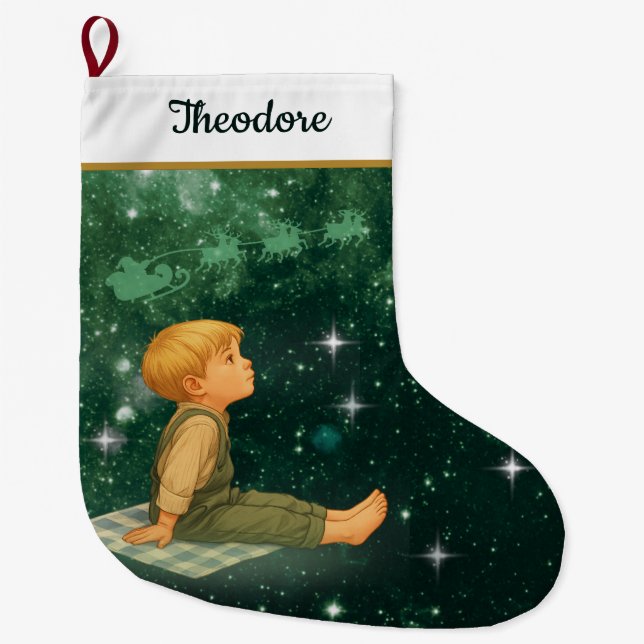 Dreaming Boy Christmas Stocking – Green Silver (Front)