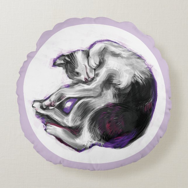 Dreaming cat Sleeping Hand Drawn Realistic Art. Round Cushion (Front)
