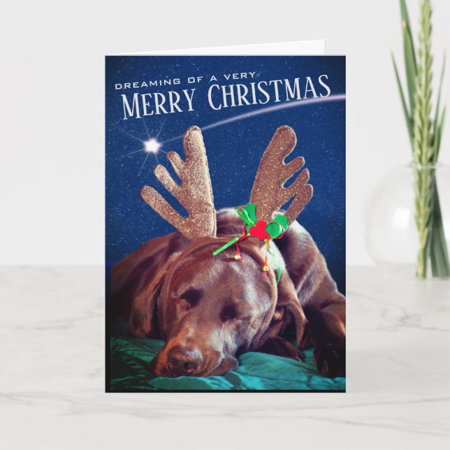 Dreaming Chocolate Lab With Antlers Photograph Holiday Card (Front)