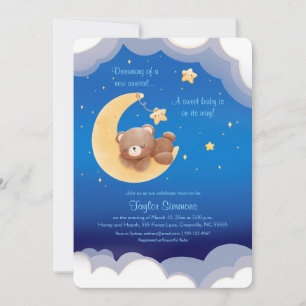Dreaming New Arrival Bear Night Sky Baby Shower In Invitation