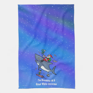 Dreaming Of A Great White Shark Christmas Tea Towel