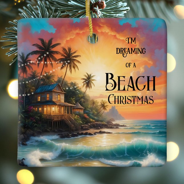 Dreaming of a Tropical Beach Christmas Ornament (Colorful Christmas ornament featuring a painting of a house on a tropical beach)