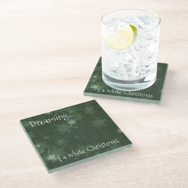 Dreaming of a White Christmas Snowflakes on Green Glass Coaster (Angled)