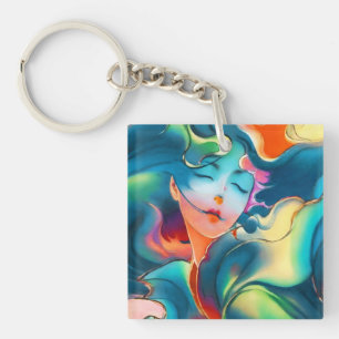 Dreaming Serene Woman in Blue Colors Key Ring