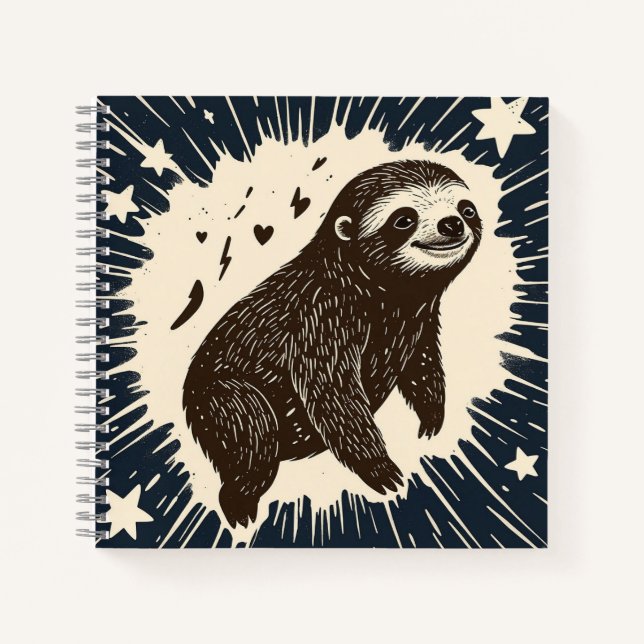  Dreaming Sloth – Starry Night in Linocut Lines Notebook (Front)