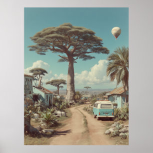 Dreamlike Baobab Landscape with Vintage Camper Van Poster