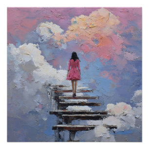 Dreamlike Girl Bridge Steps Dissolving Into Clouds Poster