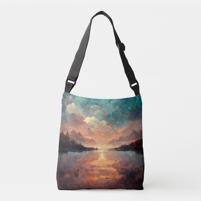 Dreamlike Lake And Sunset | Landscape Painting Crossbody Bag (Front)