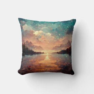 Dreamlike Lake And Sunset Landscape Painting Cushion