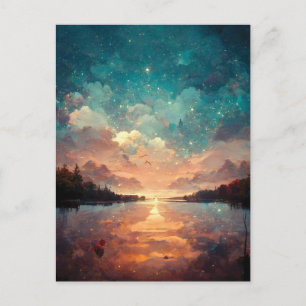 Dreamlike Lake And Sunset   Landscape Painting Postcard