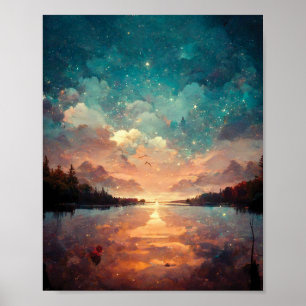 Dreamlike Lake And Sunset   Landscape Painting  Poster