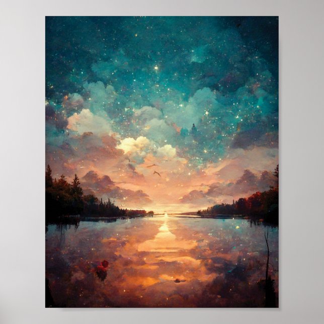 Dreamlike Lake And Sunset | Landscape Painting  Poster (Front)