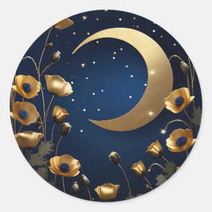 Dreamlike Night Sky with Gold Poppies and Moon Classic Round Sticker