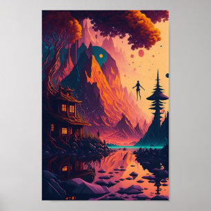 Dreamlike psychedelic landscape, ai. generated art poster