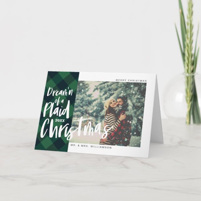 Dream'n of A Plaid Christmas Green Buffalo Photo Holiday Card (Front)