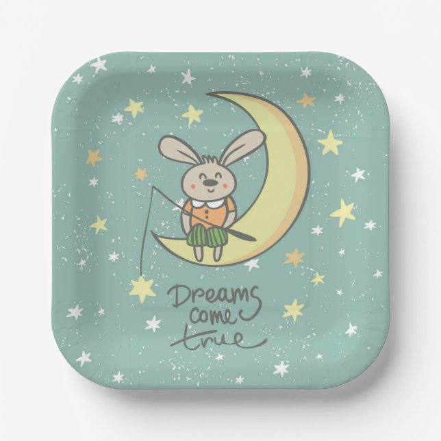 Dreams Come True | Bunny on the Moon Paper Plate (Front)