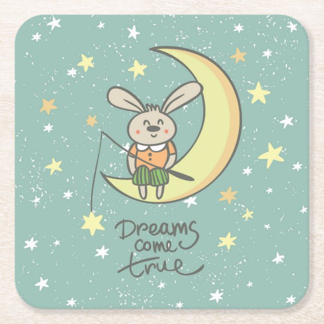 Dreams Come True | Bunny on the Moon Square Paper Coaster (Front)