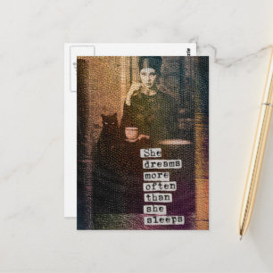 Dreams More Often Than She Sleeps Woman and Cat Postcard