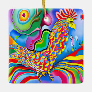 "Dreamscape Bird". A SQ surreal abstract cockerel  Ceramic Ornament