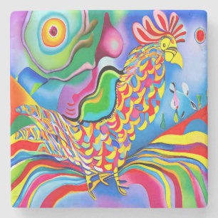 "Dreamscape Bird". A SQ surreal abstract cockerel Stone Coaster