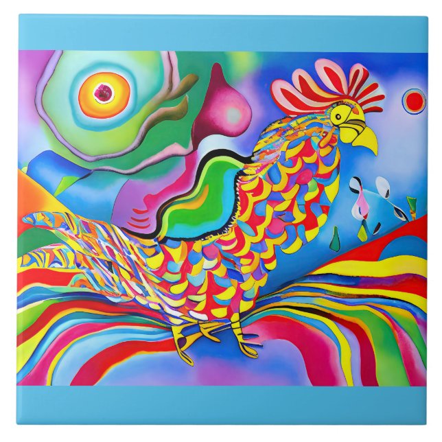 "Dreamscape Bird". A surreal abstract cockerel Ceramic Tile (Front)