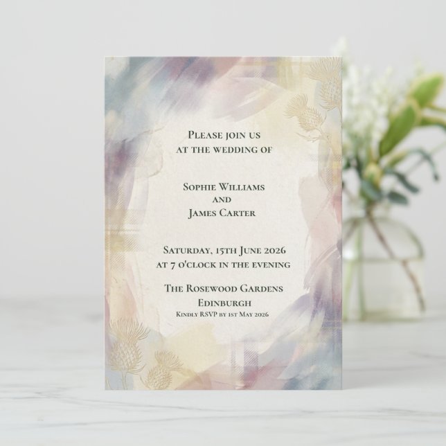Dreamy Abstract Watercolour Gold Thistle Scottish  Invitation (Standing Front)