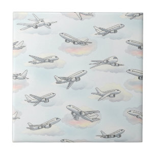 Dreamy Aeroplane Sky Travel Pattern (1) Ceramic Tile