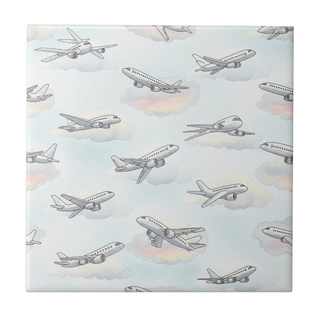 Dreamy Aeroplane Sky Travel Pattern (1) Ceramic Tile (Front)