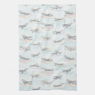 Dreamy Aeroplane Sky Travel Pattern (1) Tea Towel