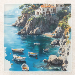 Dreamy Amalfi Coast: Watercolor Painting Design Glass Coaster