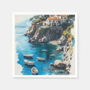 Dreamy Amalfi Coast: Watercolor Painting Design Napkin
