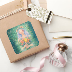 Dreamy Angel with Flowers – Soft Green Fantasy Art Square Sticker