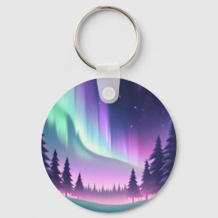 Dreamy Aurora Night: Purple Forest and Green Light Key Ring