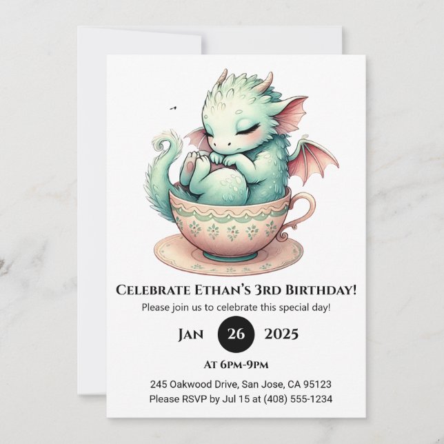 Dreamy Baby Dragon in Vintage Teacup Birthday Invitation (Front)