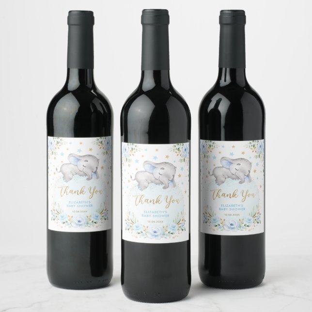 Dreamy Baby Elephant Blue Gold Floral Moon Stars Wine Label (Bottles)