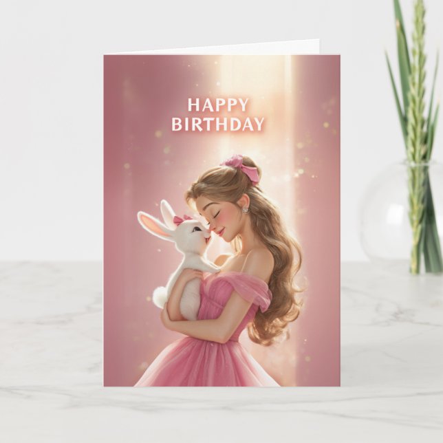Dreamy Bday Card With Pretty Girl & Cute Bunny (Front)