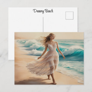 Dreamy Beach Sundress Lady In Breezy Watercolor   Postcard